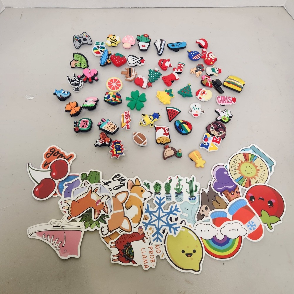 Mixed Lot Kids Croc Charms(53ea) Stickers(26ea) Christmas Food Sports Unisex